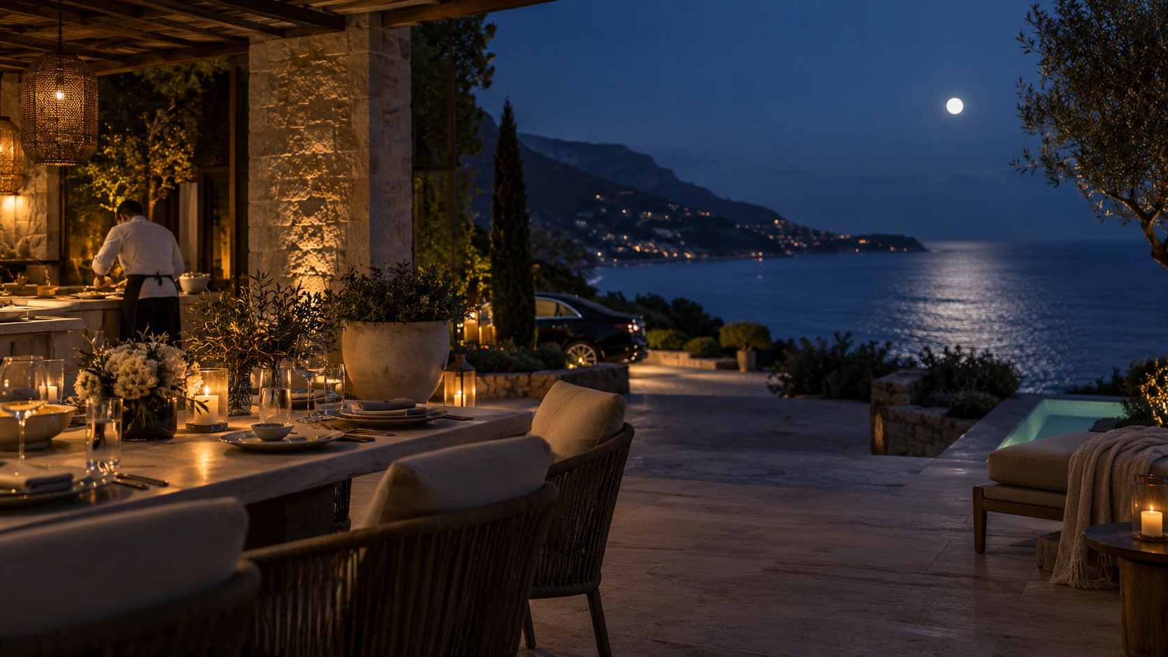 Private chef preparing dinner at an ocean-view villa